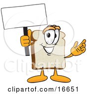 Clipart Picture Of A Slice Of White Bread Food Mascot Cartoon Character Waving A Blank White Advertising Sign by Toons4Biz