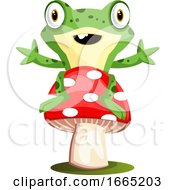 Poster, Art Print Of Joyful Frog Mascot Sitting On A Mushroom