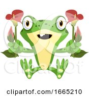 Poster, Art Print Of Joyful Baby Frog Holding Two Flowers