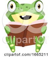 Poster, Art Print Of Smiling Cartoon Baby Frog Reading A Book