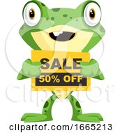 Poster, Art Print Of Cheerful Baby Frog Holding A Sign For Sale