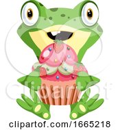 Poster, Art Print Of Cute Baby Frog Holding A Cupcake With The Strawberries