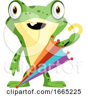 Poster, Art Print Of Cheerful Green Frog With An Umbrella