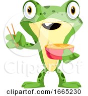 Poster, Art Print Of Baby Frog Eating Noodles With A Chopsticks