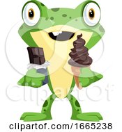 Poster, Art Print Of Cheerful Baby Frog Eating Candies