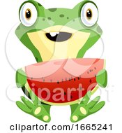 Poster, Art Print Of Cute Baby Frog Holding A Watermelon