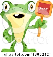 Poster, Art Print Of Cute Cartoon Frog With A Stop Sign
