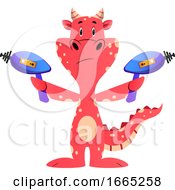 Poster, Art Print Of Red Dragon Is Holding Laser Gun