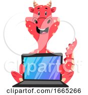 Poster, Art Print Of Red Dragon Is Holding Lap Top