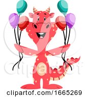 Poster, Art Print Of Red Dragon Is Holding Balloons