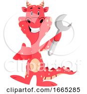 Poster, Art Print Of Red Dragon Is Holding Wrench Tool