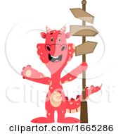 Poster, Art Print Of Red Dragon Is Holding Road Direction Sign