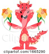 Poster, Art Print Of Red Dragon Is Holding Flowers