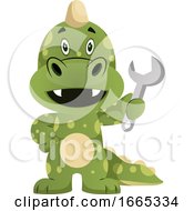 Poster, Art Print Of Green Dragon Is Holding Wrench Tool