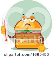Poster, Art Print Of Burger Is Holding A Thermometer That Shows Hot Temperature