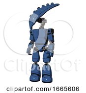 Poster, Art Print Of Droid Containing Flat Elongated Skull Head And Light Chest Exoshielding And Prototype Exoplate Chest And Light Leg Exoshielding Blue Halftone Standing Looking Right Restful Pose