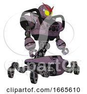 Mech Containing Grey Alien Style Head And Yellow Eyes And Heavy Upper Chest And Chest Compound Eyes And Insect Walker Legs Lilac Metal Facing Left View