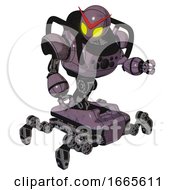 Mech Containing Grey Alien Style Head And Yellow Eyes And Heavy Upper Chest And Chest Compound Eyes And Insect Walker Legs Lilac Metal Fight Or Defense Pose