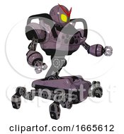Poster, Art Print Of Mech Containing Grey Alien Style Head And Yellow Eyes And Heavy Upper Chest And Chest Compound Eyes And Insect Walker Legs Lilac Metal Interacting