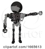 Poster, Art Print Of Droid Containing Round Head And Heavy Upper Chest And No Chest Plating And Ultralight Foot Exosuit Dirty Black Pointing Left Or Pushing A Button