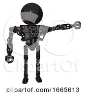 Droid Containing Round Head And Heavy Upper Chest And No Chest Plating And Ultralight Foot Exosuit Dirty Black Pointing Left Or Pushing A Button
