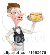Poster, Art Print Of Cartoon Waiter Butler Holding Hotdog And Fries