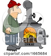 Poster, Art Print Of Cartoon Man Watching A Fire Burn In A Wood Stove