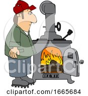 Cartoon Man Watching A Fire Burn In A Wood Stove