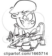 Poster, Art Print Of Cartoon Black And White Boy Washing Dishes