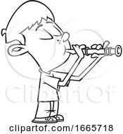 Poster, Art Print Of Cartoon Black And White Boy Playing A Recorder