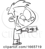 Poster, Art Print Of Cartoon Black And White Excited Boy Holding Cash