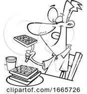 Cartoon Black And White Happy Man Eating Waffles For Breakfast by toonaday