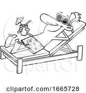 Cartoon Black And White Man Sun Bathing Poolside With A Cocktail
