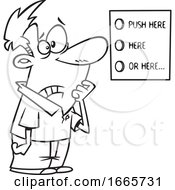 Poster, Art Print Of Cartoon Black And White Man Looking At A List Of Buttons