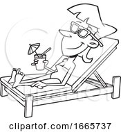 Cartoon Black And White Woman Sun Bathing Poolside With A Cocktail by toonaday
