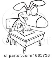 Poster, Art Print Of Cartoon Black And White Dog Sitting At A Desk In Obedience School