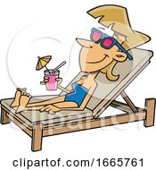 Cartoon Woman Sun Bathing Poolside With A Cocktail