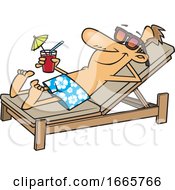 Cartoon Man Sun Bathing Poolside With A Cocktail