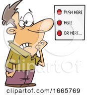 Poster, Art Print Of Cartoon Man Looking At A List Of Buttons