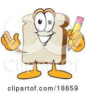 Slice Of White Bread Food Mascot Cartoon Character Holding A Yellow Pencil With An Eraser by Mascot Junction