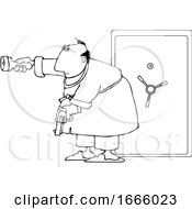 Poster, Art Print Of Cartoon Black And White Man Holding A Gun And Flashlight In Front Of His Safe