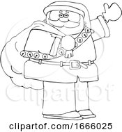 Poster, Art Print Of Cartoon Lineart Santa Claus Waving And Carrying A Christmas Sack
