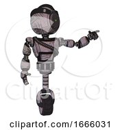 Poster, Art Print Of Mech Containing Green Dot Eye Corn Row Plastic Hair And Light Chest Exoshielding And Rubber Chain Sash And Unicycle Wheel Dark Sketchy Pointing Left Or Pushing A Button