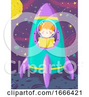 Poster, Art Print Of Kid Boy Read Book Space Ship Illustration