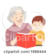 Senior Woman Kid Boy Tutor Read Book Illustration