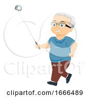 Senior Man Selfie Stick Vlogging Illustration
