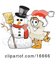 Slice Of White Bread Food Mascot Cartoon Character Wearing A Santa Hat And Standing With Frosty The Snowman On Christmas