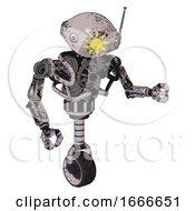 Poster, Art Print Of Droid Containing Oval Wide Head And Sunshine Patch Eye And Retro Antenna With Light And Heavy Upper Chest And No Chest Plating And Unicycle Wheel Grunge Sketch Dots Fight Or Defense Pose