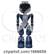 Poster, Art Print Of Mech Containing Digital Display Head And Sleeping Face And Led And Protection Bars And Light Chest Exoshielding And Ultralight Chest Exosuit And Light Leg Exoshielding Grunge Dark Blue Front View