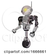 Poster, Art Print Of Droid Containing Oval Wide Head And Sunshine Patch Eye And Retro Antenna With Light And Heavy Upper Chest And No Chest Plating And Unicycle Wheel Grunge Sketch Dots Facing Right View
